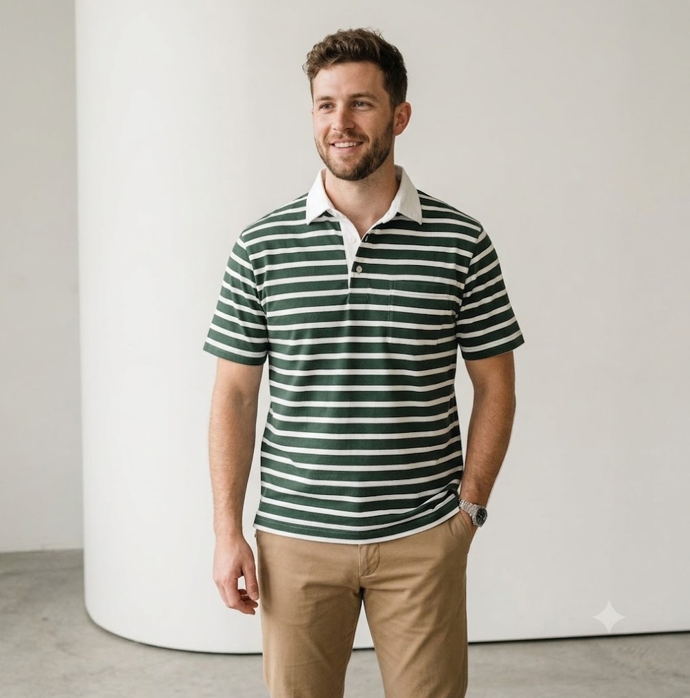 Sid Mashburn Men's Green Stripes Pima Pique Short Sleeve Polo Shirt Size XL